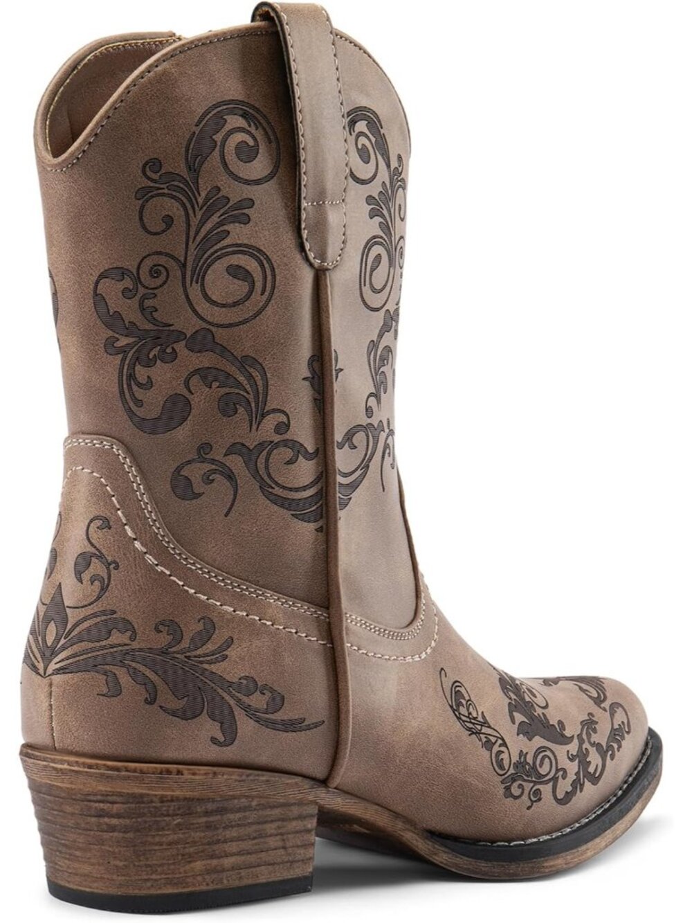 Women's Brown Faux Leather Square Toe Fashion Dress Low Chunky Heel Cowgirl Boot - Picture 6 of 6